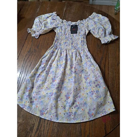 New Small Levi Off Shoulder Country Sundress Shirred Waist Puff Sleeve Dress - Picture 3 of 8